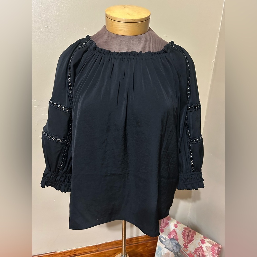DKNY Black  Satin Crochet Trim Oversized Blouse sz‎ M